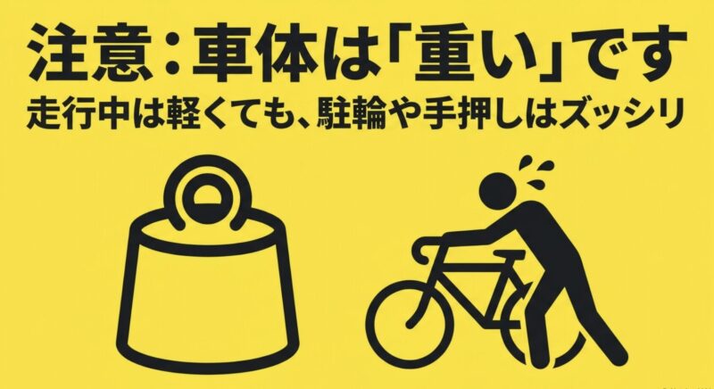 走行中は軽くても駐輪や手押しはズッシリと感じる、車体の重さに関する注意アイコン