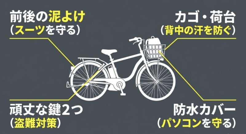 スーツを守る前後の泥よけ、背中の汗を防ぐカゴや荷台、盗難対策の頑丈な鍵2つ、パソコンを守る防水カバーを図解したスライド