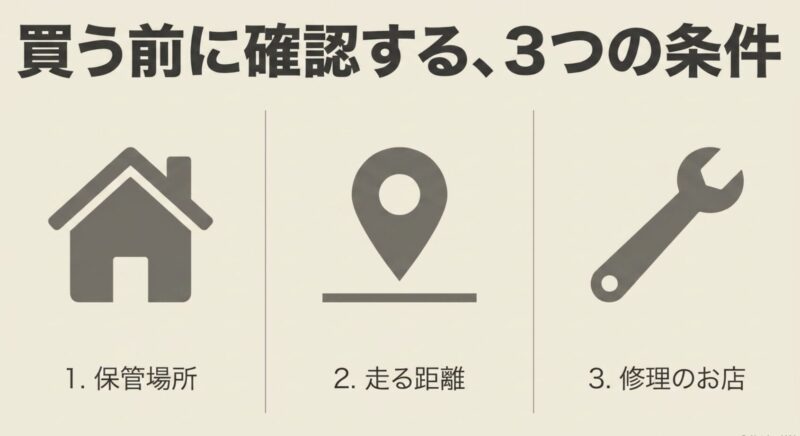 Yadeaを購入する前に確認すべき「保管場所」「走る距離」「修理のお店」の3つの条件