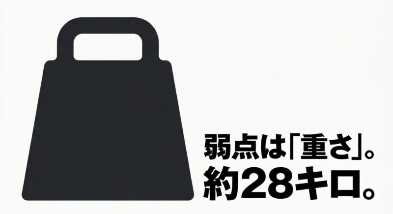 「弱点は『重さ』。約28キロ。」と書かれた重量に関する注意喚起スライド