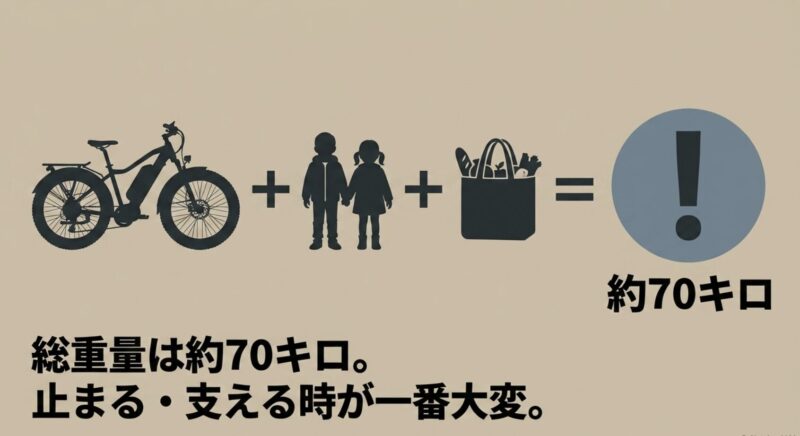 子ども乗せ自転車と荷物の総重量が約70キロになる図解