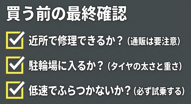 近所で修理できるか、駐輪場に入るか、低速でふらつかないかをチェックする購入前の最終確認スライド