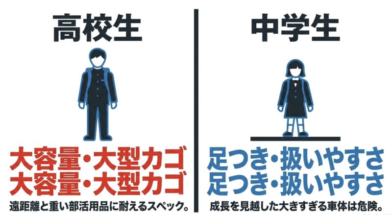 高校生は大容量と大型カゴ、中学生は足つきと扱いやすさを重視する