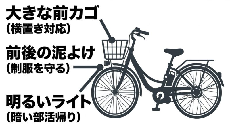 横置き対応の大きな前カゴ、前後の泥よけ、明るいライトなどの通学用装備