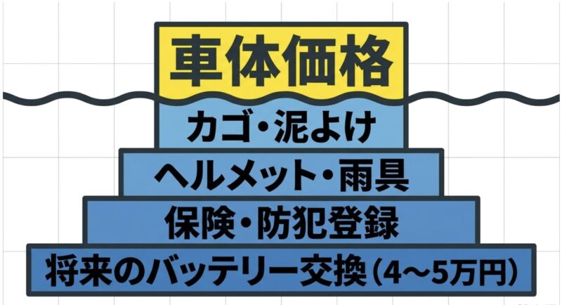 車体価格に加え、カゴや泥よけ、ヘルメット、保険、将来のバッテリー交換費用を含めた総額のイメージ