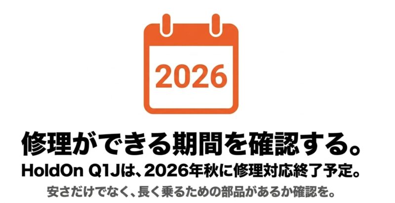 2026年のカレンダーアイコン。HoldOn Q1Jは2026年秋に修理対応が終了予定のため長く乗るための部品確認が必要