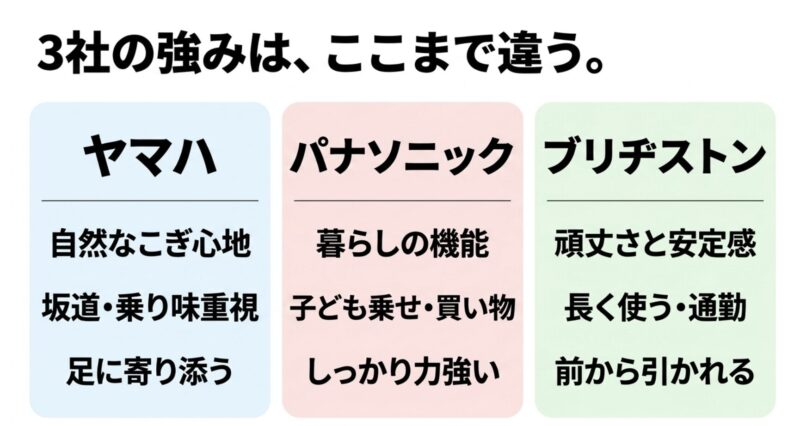 ヤマハの自然なこぎ心地、パナソニックの暮らしの機能、ブリヂストンの頑丈さと安定感という主要3社の強みの違い