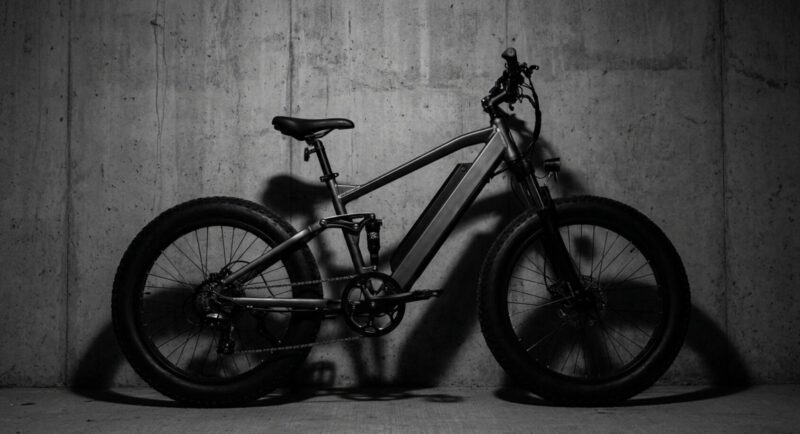 コンクリート壁の前に置かれた黒いMOVE X（電動アシスト自転車）の全体像