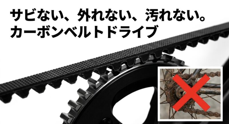 サビたチェーンの画像にバツ印がつけられ、サビない・外れない・汚れないカーボンベルトドライブを推奨するスライド