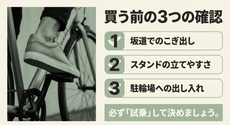 坂道でのこぎ出し、スタンドの立てやすさ、駐輪場への出し入れなど必ず試乗して決めるための3つの確認事項