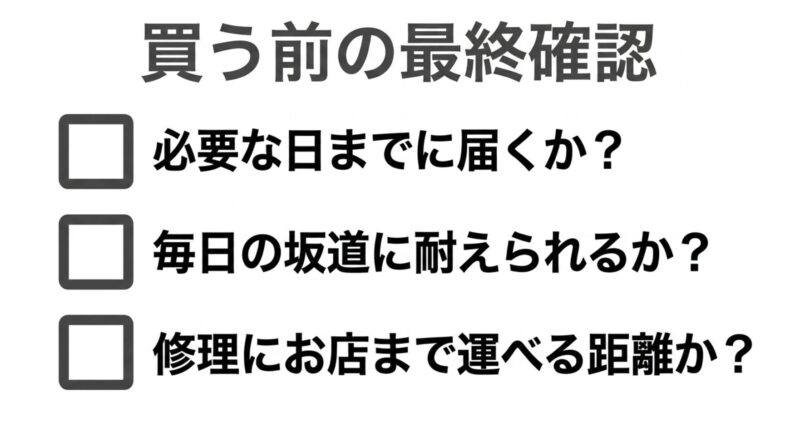 納期、坂道への耐久性、修理店舗への距離など、購入前に確認すべき項目の図解