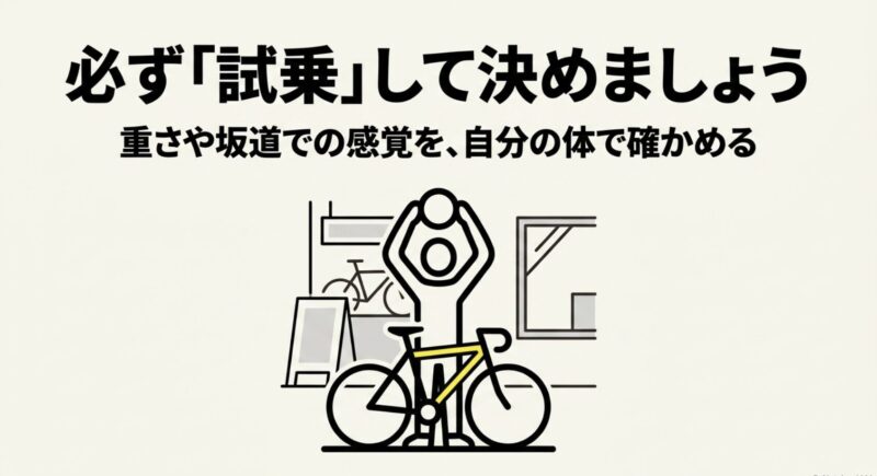 重さや坂道での感覚を自分の体で確かめるため、必ず試乗して決めることを推奨するイラスト