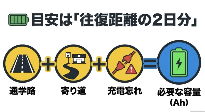 電動アシスト自転車のバッテリー容量は往復距離の2日分を目安にする