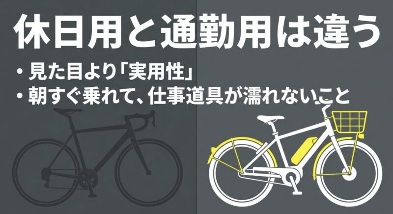 休日用と通勤用は違う。見た目より実用性を重視し、朝すぐ乗れて仕事道具が濡れないことを説明するスライド