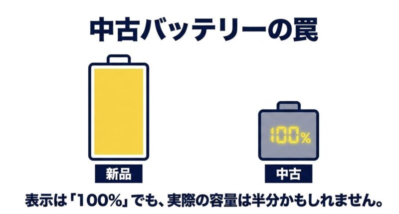 中古バッテリーは表示が100%でも実際の容量は半分かもしれないことを示す図
