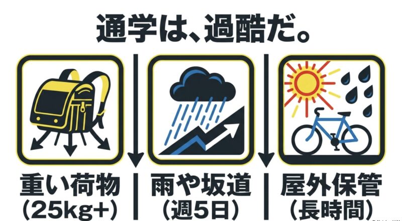 重い荷物、雨や坂道、屋外保管など自転車通学の過酷な環境