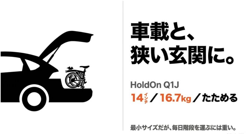 車のトランクに収納されたHoldOn Q1Jのシルエット。車載や狭い玄関に向くが、毎日階段を運ぶには重い