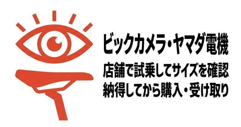 ビックカメラとヤマダ電機は、店舗で試乗してサイズを確認し、納得してから購入・受け取りができることを示す図