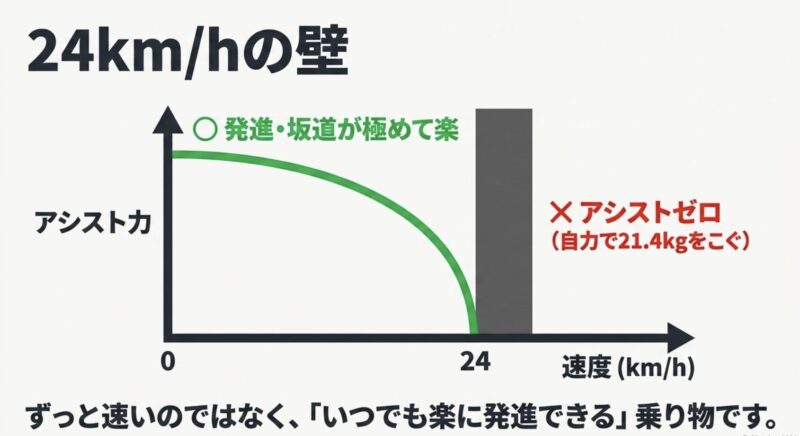 時速24kmでアシストがゼロになる電動アシスト自転車の仕組みと発進時の快適さの図解