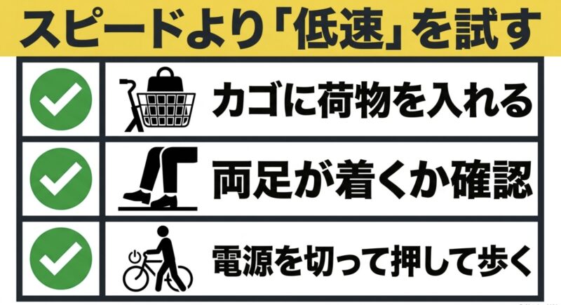 スピードより低速を試し、カゴに荷物を入れ、両足が着くか確認し、電源を切って押し歩くなどの試乗手順