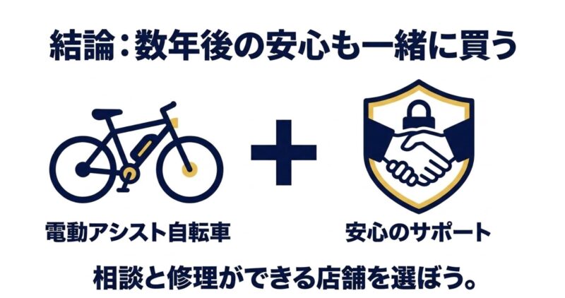 電動アシスト自転車本体だけでなく、相談や修理ができる店舗を選んで数年後の安心も一緒に買うメリット