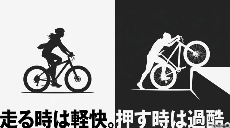 自転車に乗る人のシルエットと共に「走る時は軽快。押す時は過酷。」と書かれた取り回しに関するスライド