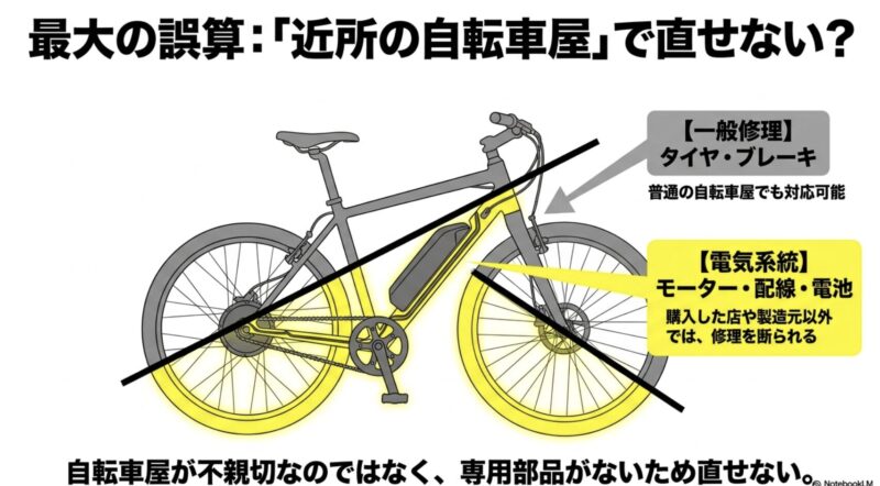 電動アシスト自転車の電気系統の修理は専用部品がないため、一般の自転車店では断られることが多く、購入した店や製造元へ頼む必要があります。