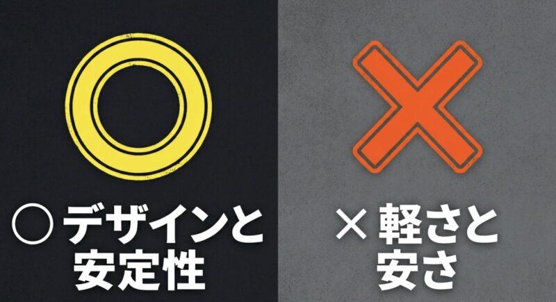 デザインや安定性と、軽さや安さの比較を示す図