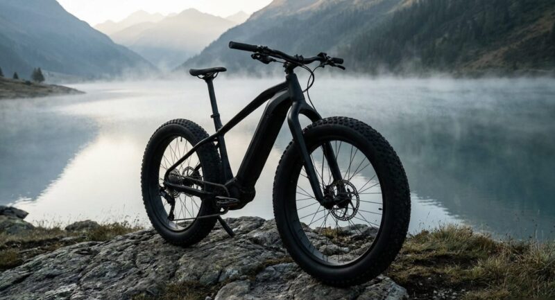 湖畔の大自然に停車するスタイリッシュな電動アシスト自転車MOVE X