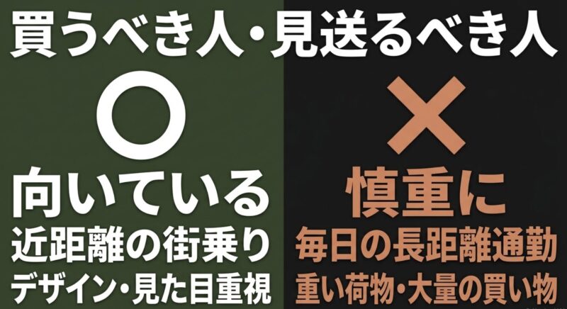 買うべき人・見送るべき人。向いている:近距離の街乗り、デザイン・見た目重視。慎重に:毎日の長距離通勤、重い荷物・大量の買い物