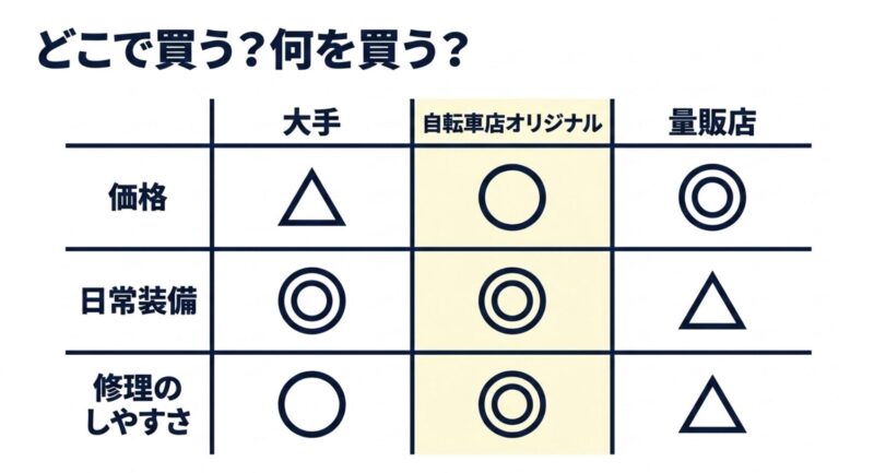 大手メーカー、自転車店オリジナル、量販店の価格や日常装備、修理のしやすさを比較した表