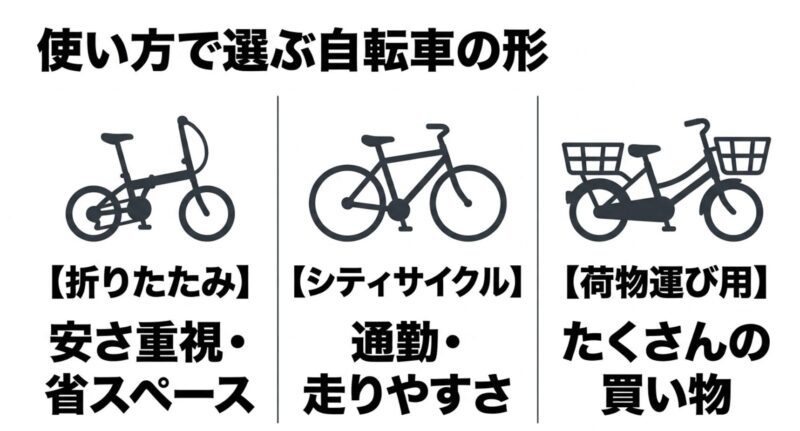 使い方で選ぶ自転車の形（安さ・省スペース重視の折りたたみ、通勤・走りやすさ重視のシティサイクル、たくさんの買い物向けの荷物運び用）