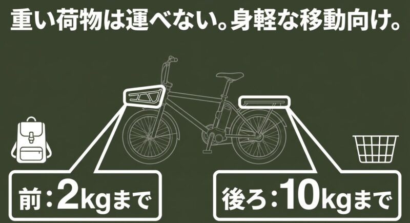 重い荷物は運べない。身軽な移動向け。前:2kgまで 後ろ:10kgまで