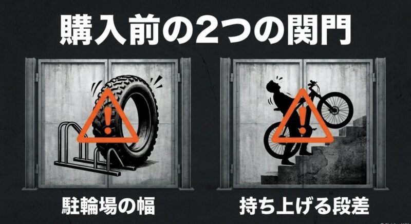 MOVE X購入前に確認すべき駐輪場の幅と持ち上げる段差への警告イラスト