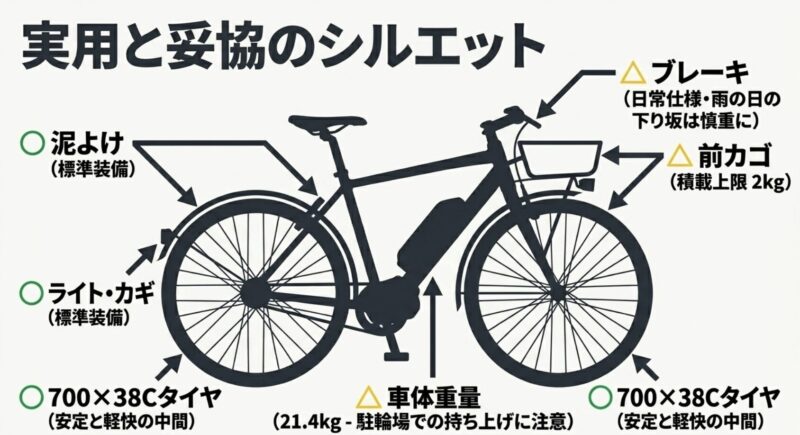 泥よけやライトなどの標準装備と、積載上限2kgの前カゴやブレーキなどの注意点まとめ
