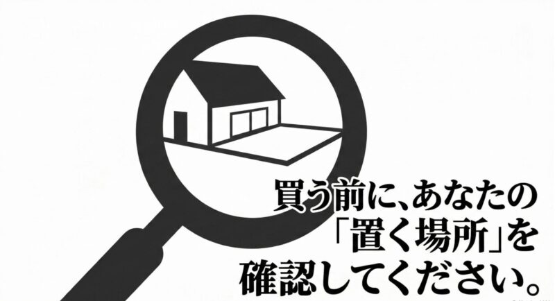 「買う前に、あなたの『置く場所』を確認してください。」と書かれた購入前の最終確認スライド