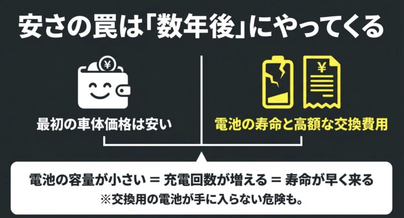 安い電動アシスト自転車はバッテリー容量が小さく充電回数が増えるため、数年後に寿命が早く来て高額な交換費用がかかる「安さの罠」があります。