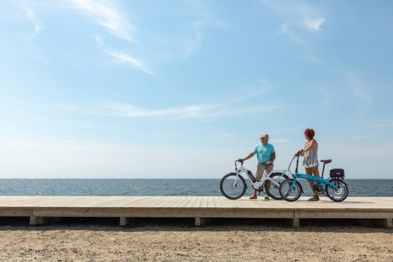 電動アシスト自転車を押しながら歩くシニアの男女