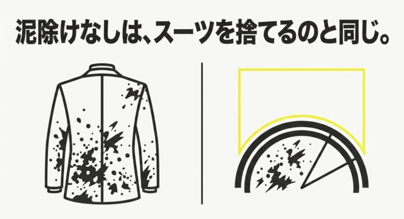 泥除けがない自転車に乗って背中全体に泥が跳ねて汚れてしまったスーツのイラスト