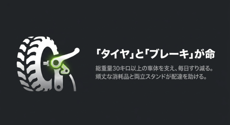 タイヤとブレーキが命。総重量30キロ以上の車体を支え毎日すり減るため、頑丈な消耗品と両立スタンドが配達を助ける。