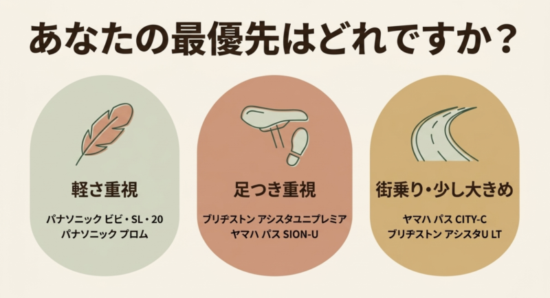 軽さ重視、足つき重視、街乗り・少し大きめといった優先度別に適した電動自転車モデルをまとめた図解
