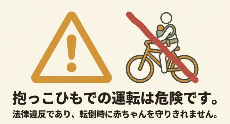 抱っこひもでの自転車運転は法律違反であり、転倒時に赤ちゃんを守りきれないため危険であることを伝えるスライド