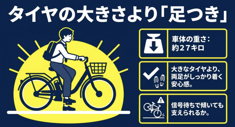 自転車のタイヤの大きさよりも足つきを重視することを示すイラスト。車体の重さが約27キロあるため、両足がしっかり着く安心感が重要。
