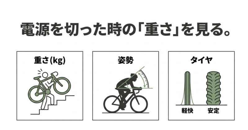 電動アシスト自転車を選ぶ際は、電源を切って持ち上げるときの重さや、乗車姿勢、タイヤの太さによる軽快さや安定感を確認することが重要であることを示す図解