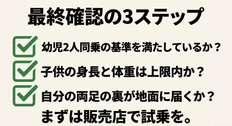 幼児2人同乗の基準、子供の身長と体重の上限、自分の両足の裏が地面に届くかの3つの最終確認ステップ
