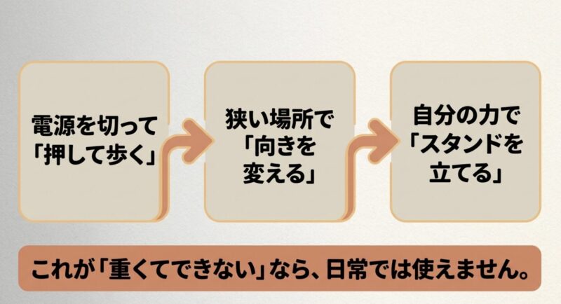 試乗時に確認すべき押し歩きと方向転換とスタンド操作の3つの動作