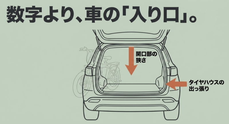 車のバックドア開口部の狭さとタイヤハウスの出っ張りを示すイラスト