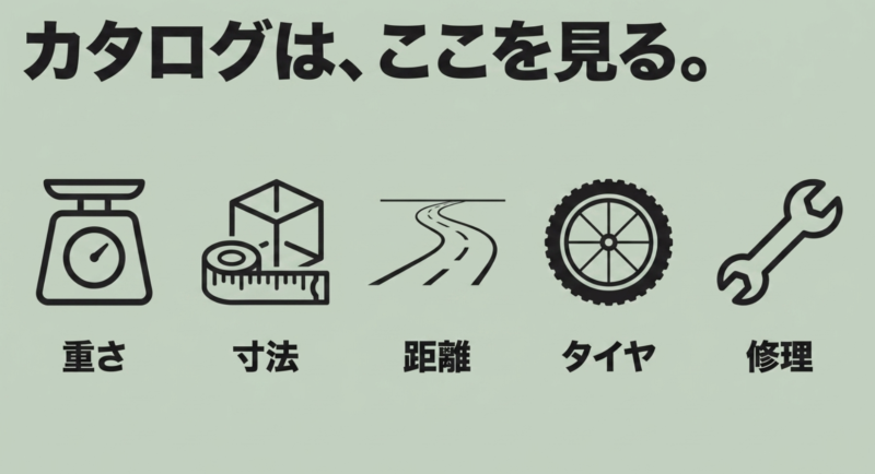 重さ、寸法、距離、タイヤ、修理の5つのアイコンが並んだカタログのチェックポイント