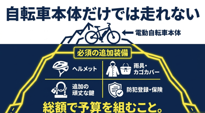 自転車本体だけでなく、ヘルメット、追加の頑丈な鍵、雨具やカゴカバー、防犯登録や保険などの追加装備が必要であることを示すイラスト。総額で予算を組むことが大切。
