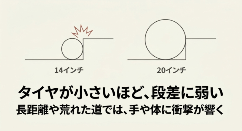 14インチと20インチの比較で、タイヤが小さいほど段差の影響を受けやすく手や体に衝撃が響きやすいことを示す図解